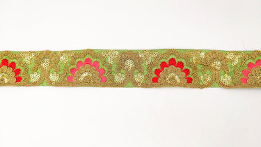 Green Art Silk Trim With Intricate Floral Embroidery With Sequins, Lace Trim, Indian Lace Trim